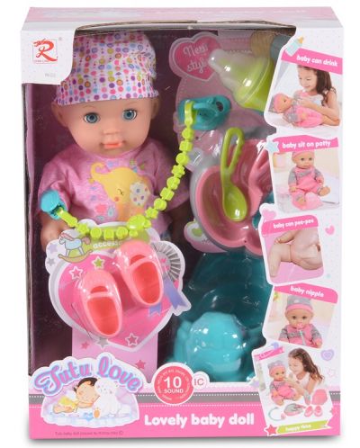 Пишкаща кукла-бебе Moni Toys - С шарена шапка и аксесоари, 36 cm - 2