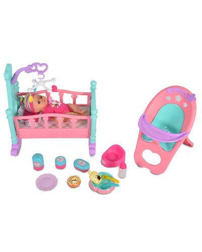 Пишкаща кукла Moni Toys - С легло и стол за хранене, 31 cm - 2