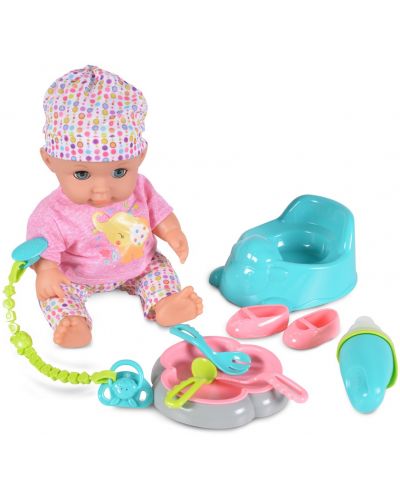 Пишкаща кукла-бебе Moni Toys - С шарена шапка и аксесоари, 36 cm - 1