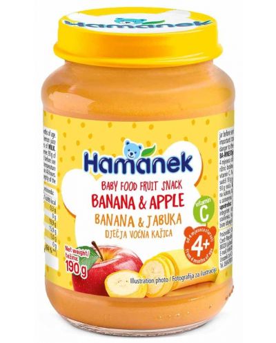 Плодово бебешко пюре Hamanek - С банан и ябълка, 4 m+, 190 g - 1
