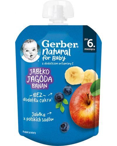 Плодово пюре Nestle Gerber - Пауч с ябълка, боровинка и банан, 6 m+, 80 g