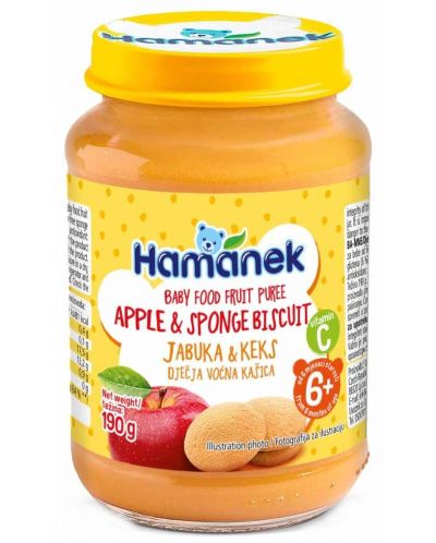 Плодово бебешко пюре Hamanek - С ябълка и бисквити, 6 m+, 190 g - 1
