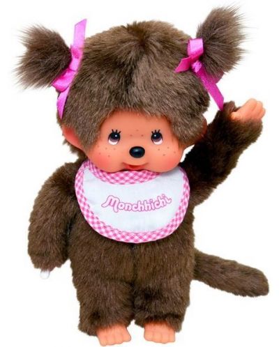 Плюшена играчка Monchhichi - Маймунка момиченце с розов лигавник, 20cm - 2