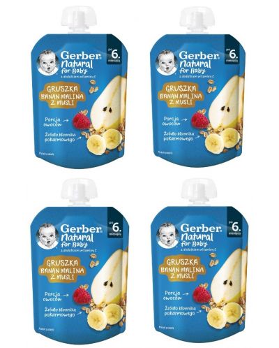 Плодово пюре Nestle Gerber - Пауч с круша, банан, малина и мюсли, 6 м+, 4 х 80 g - 1