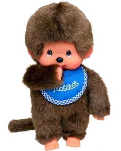 Плюшена играчка Monchhichi - Маймунка момче със син лигавник, 20cm - 2