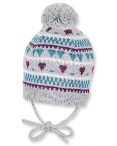 Плетена детска шапка с връзки Sterntaler - На сърчица, 39 cm, 3-4 месеца - 1