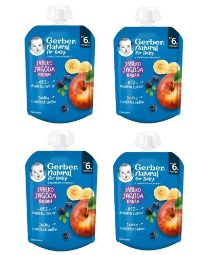 Плодово пюре Nestle Gerber - Пауч с ябълка, боровинка и банан, 6 м+, 4 х 80 g - 1