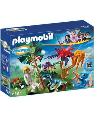 Комплект фигурки Playmobil Super 4 - Изгубеният остров с извънземно и велоцираптор - 1