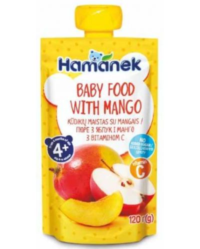 Плодово бебешко пюре Hamanek - Пауч с ябълка и манго, 120 g - 1