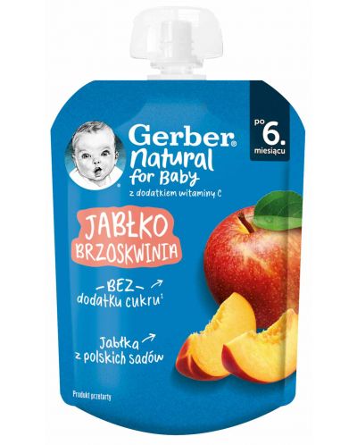 Плодово пюре Nestle Gerber - Пауч с праскова и ябълка, 6m+, 80 g ...