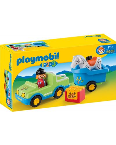 Комплект фигурки Playmobil 1.2.3 - Кола с ремарке за транспорт на коне - 1
