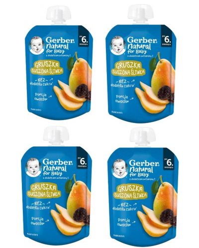 Плодово пюре Nestle Gerber - Пауч от круша и сушени сливи, 6 м+, 4 х 80 g - 1