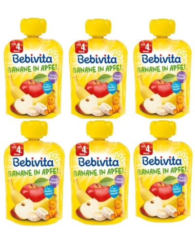 Плодова закуска Bebivita - Пауч с банан и ябълка, 6 х 90 g - 1