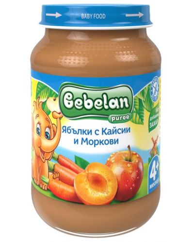 Плодово пюре Bebelan Puree -  Ябълки, кайсии и моркови, 190 g - 1