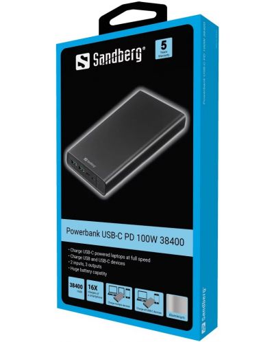 Портативна батерия Sandberg - USB-C PD 100W, 38400 mAh, черна - 2