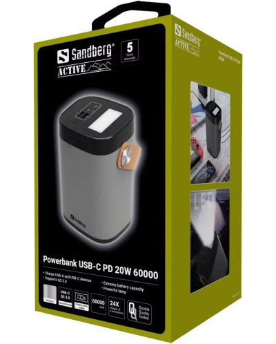 Портативна батерия Sandberg - USB-C PD 20W, 60000 mAh, сива - 3