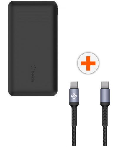 Портативна батерия Belkin - 10000 mAh + кабел Tellur - USB-C/USB-C, 2 m, черни - 1