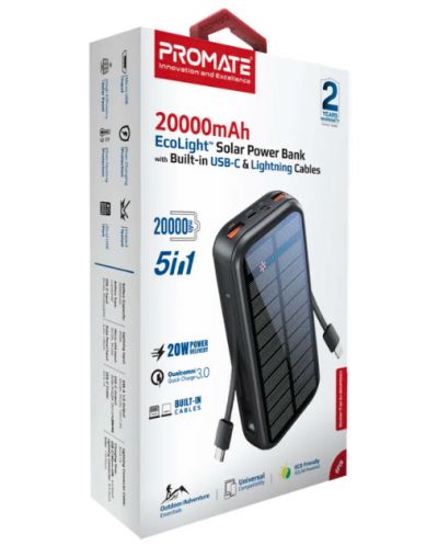 Портативна батерия ProMate - Ecolight Solar, 20000 mAh, черна - 2