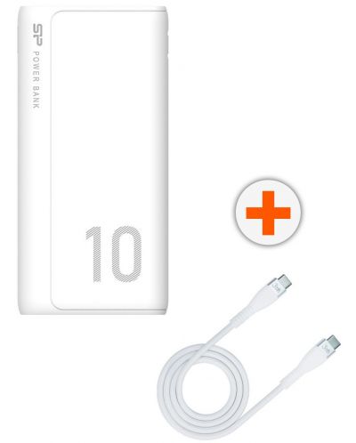 Портативна батерия Silicon Power - 10000 mAh + кабел 3mk - USB-C/USB-C, 1 m, бели - 1