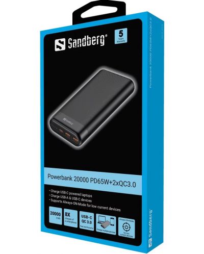 Портативна батерия Sandberg - USB-C PD 65W QC3.0, 20000 mAh, черна - 1