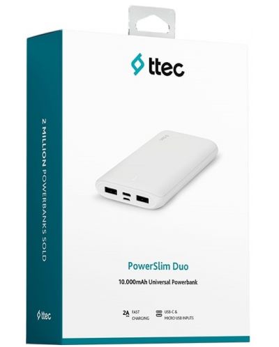 Портативна батерия ttec - PowerSlim Duo, 10000 mAh, бяла - 5