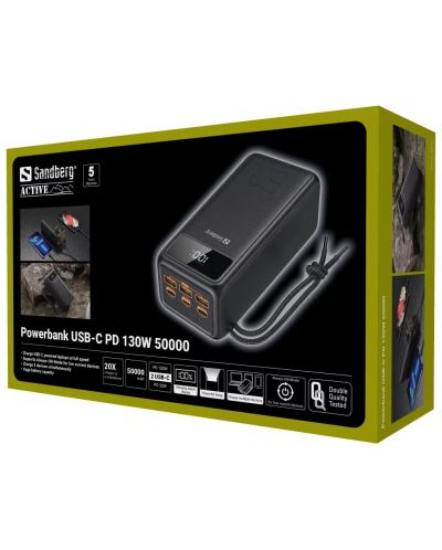 Портативна батерия Sandberg - USB-C PD 130W, 50000 mAh, черна - 5
