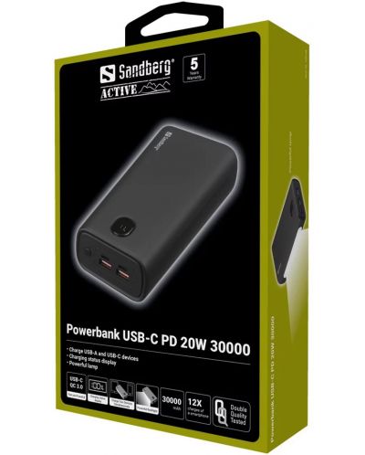 Портативна батерия Sandberg - USB-C PD 20W, 30000 mAh, черна - 3