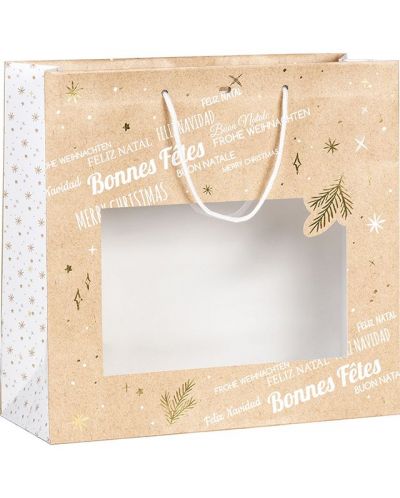 Подаръчна торбичка Giftpack Bonnes Fêtes - Златиста, 35 cm, PVC прозорец - 1
