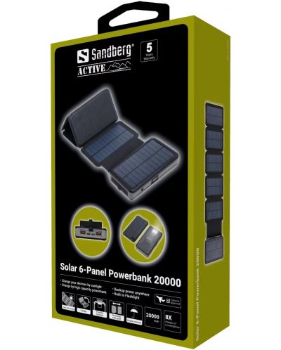 Портативна батерия Sandberg - Solar 6-Panel, 20000 mAh, черна - 5