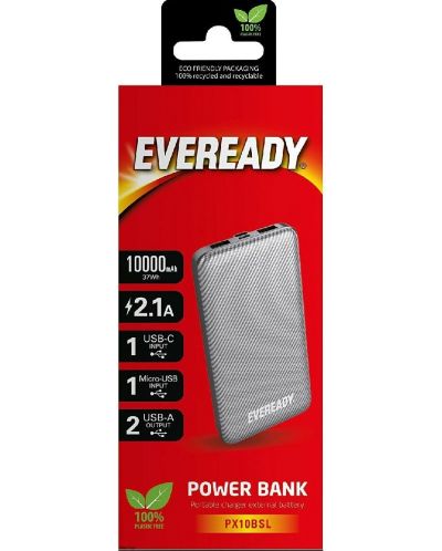 Портативна батерия EVEREADY - Slim, 10000 mAh, сребриста - 2