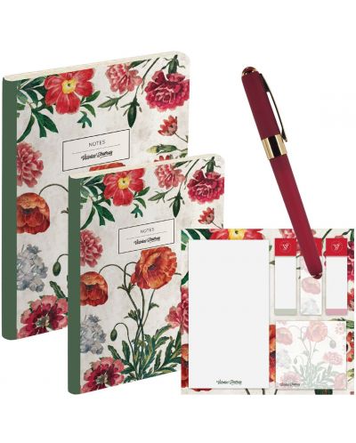 Подаръчен комплект Victoria's Journals Florals - Poppy, 4 части, в кутия - 1