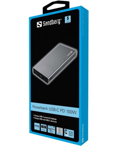 Портативна батерия Sandberg - USB-C PD 100W, 20000 mAh/100W, сива - 2