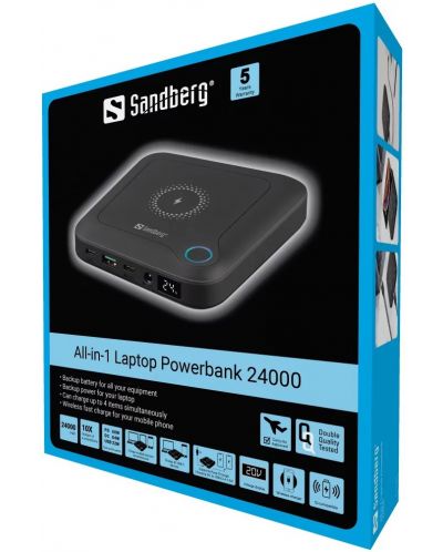 Портативна батерия Sandberg - All-in-1 Laptop, 24000 mAh, черна - 6