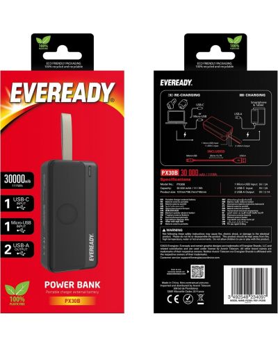 Портативна батерия EVEREADY - PX30B, 30000 mAh, черна - 2