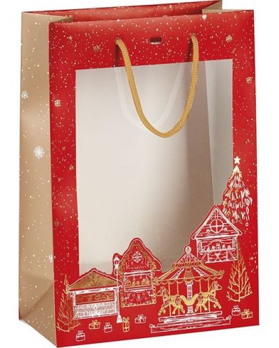 Подаръчна торбичка Giftpack Bonnes Fêtes - Червена, 29 cm, PVC прозорец - 1