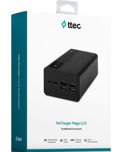 Портативна батерия ttec - ReCharger Mega LCD, 50000 mAh, черна - 1