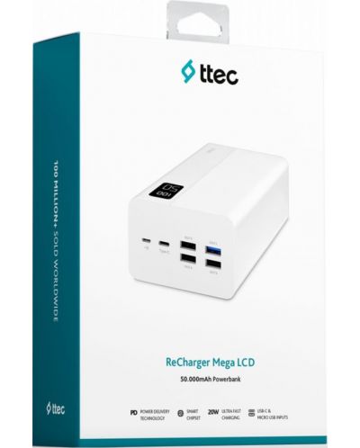 Портативна батерия ttec - ReCharger Mega LCD, 50000 mAh, бяла - 1
