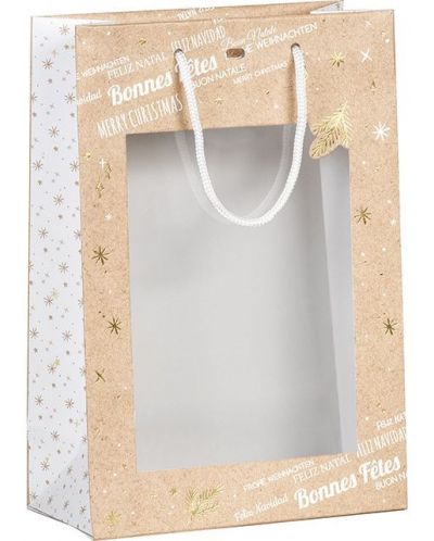 Подаръчна торбичка Giftpack Bonnes Fêtes - Златиста, 29 cm, PVC прозорец - 1