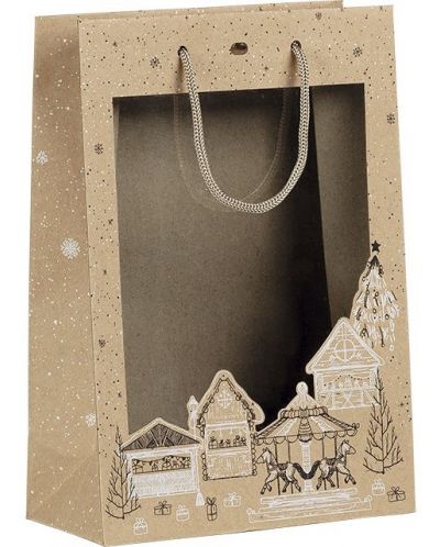 Подаръчна торбичка Giftpack Bonnes Fêtes - Крафт, 29 cm, PVC прозорец - 1