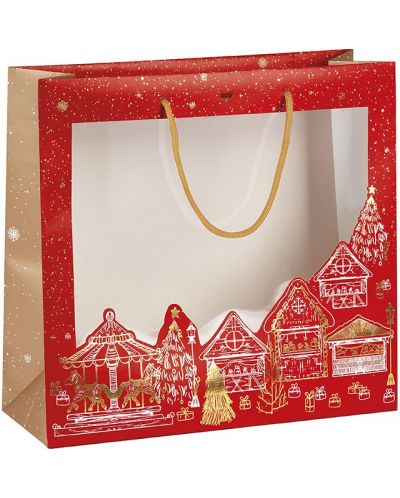 Подаръчна торбичка Giftpack Bonnes Fêtes - Червена, 35 cm, PVC прозорец - 1