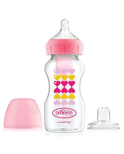 Преходно шише Dr. Brown's Wide-Neck Options+ - Pink Hearts, 270 ml - 1