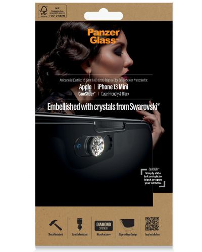 Стъклен протектор PanzerGlass - AntiBact CamShield, iPhone 13 mini, Swarovski - 4
