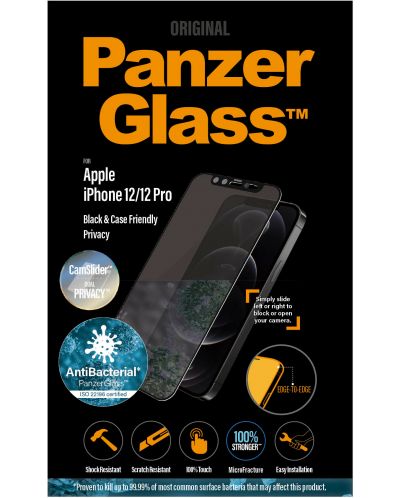 Стъклен протектор PanzerGlass - Privacy AntiBact CamSlide, iPhone 12/Pro - 2