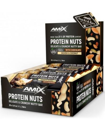 Protein Nuts Crunchy Nutty Bar Box, кокос и кашу, 25 броя, Amix - 1