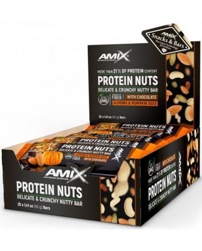 Protein Nuts Crunchy Nutty Bar Box, бадеми и тиквено семе, 25 броя, Amix - 1