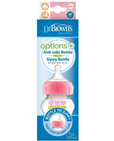 Преходно шише Dr. Brown's Wide-Neck Options+ - Pink Hearts, 270 ml - 2
