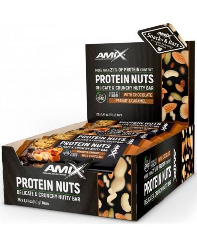Protein Nuts Crunchy Nutty Bar Box, фъстъци и карамел, 25 броя, Amix - 1