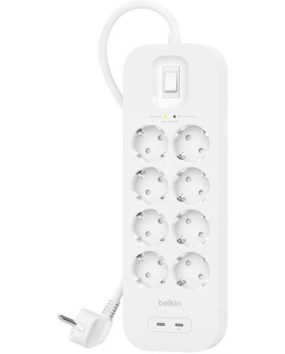 Разклонител Belkin - SRB004vf2M, 8 гнезда, 2x USB-C, бял - 1