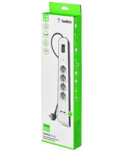 Разклонител Belkin - BSV401vf2M, 4 гнезда, 2x USB-A, бял/сив - 4