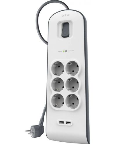 Разклонител Belkin - BSV604vf2M, 6 гнезда, 2xUSB-A, бял/сив - 1